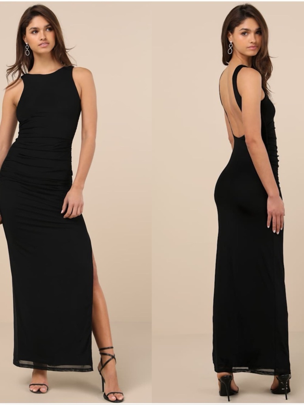 LULU'S Karise Black Mesh Ruched
Backless Maxi Dress